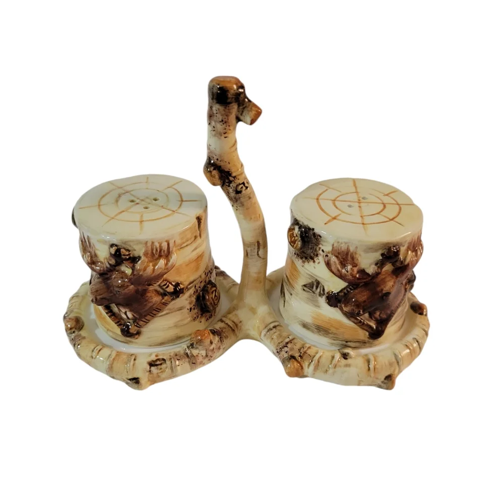 Ceramic Birch Tree Stump Moose Salt And Pepper Set